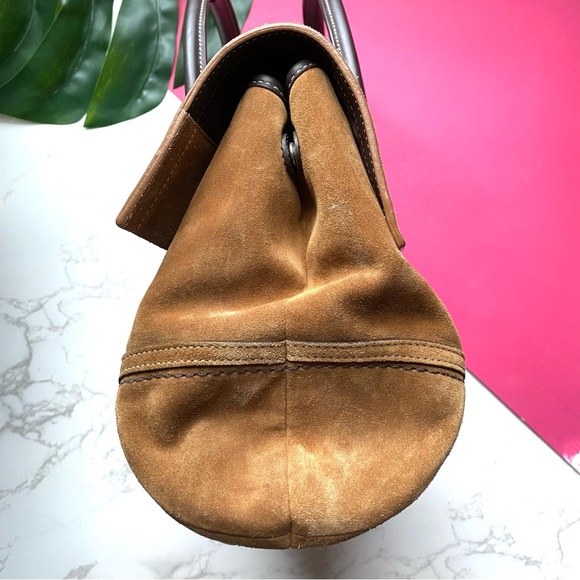 Coach Camel Suede Buckle Flap Top Satchel Purse - Picture 7 of 11